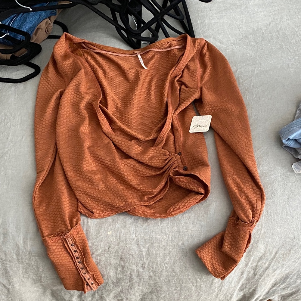 Free People Rust Orange Ruched Long-Sleeve Blouse